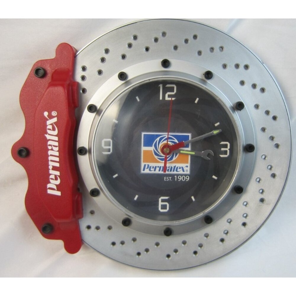 Permatex Brake Rotor Silver Red Plastic Clock Wall Shop Garage Man Cave - Works